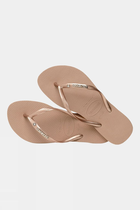 Womens Slim Metal Logo Crystal Flip Flops